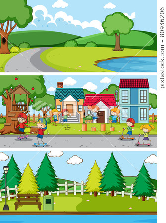Set of different horizon scenes background with doodle kids cartoon character Set of different horizon scenes background with doodle kids cartoon character 80936206