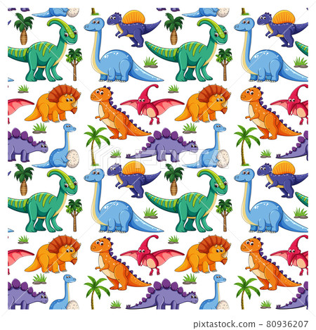 Seamless pattern with various dinosaurs and nature elements on white background Seamless pattern with various dinosaurs and nature elements on white background 80936207