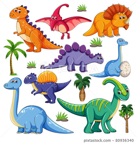 Set of isolated various dinosaurs cartoon character on white background 80936340