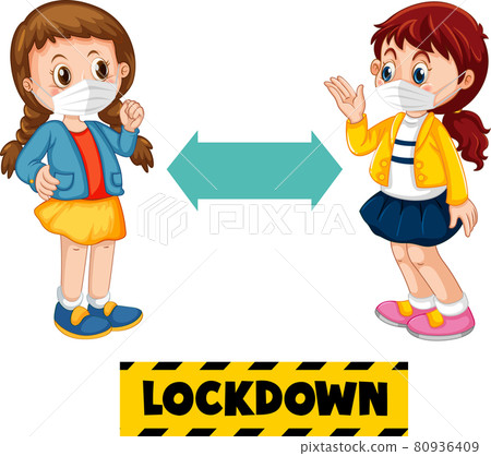 Lockdown font in cartoon style with two children keeping social distance isolated on white background Lockdown font in cartoon style with two children keeping social distance isolated on white background 80936409