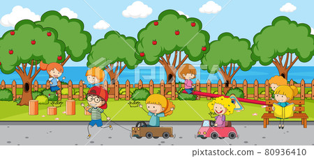 Playground scene with many kids doodle cartoon character Playground scene with many kids doodle cartoon character 80936410