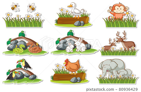 Sticker set with different wild animals and... - Stock Illustration ...