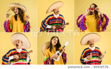 Collage of young people, man and woman in mexican clothes isolated over yellow background 80936576