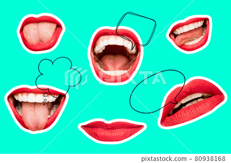 Contemporary art collage. Inspiration, idea, trendy urban magazine style. Composition with female lips, mouth with speech bubbles background. Contemporary art collage. Inspiration, idea, trendy urban magazine style. Composition with female lips, mouth with speech bubbles background. 80938168