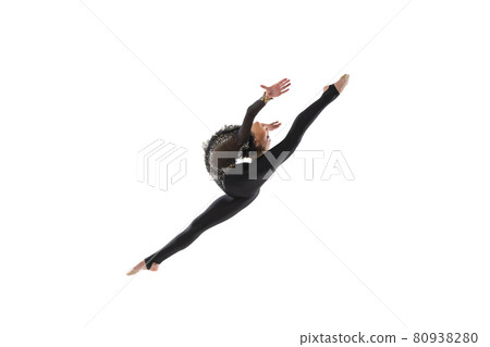 Young beautiful little girl, rhythmic gymnastics artist in sports stage costume isolated on white studio background. Concept of sport, action, active lifestyle 80938280