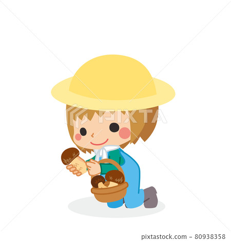 Illustration of a cute little girl enjoying mushroom hunting White background Autumn taste 80938358