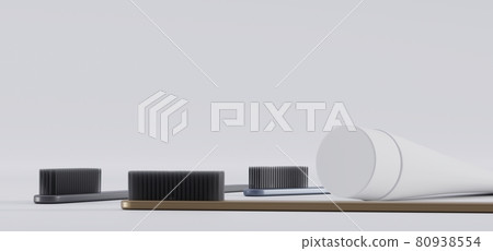 Toothpaste tube and plastic toothbrush set. Dental care and oral hygiene product isolated on grey background. Mockup paste for tooth clean in empty white packaging. Realistic illustration, 3d render 80938554