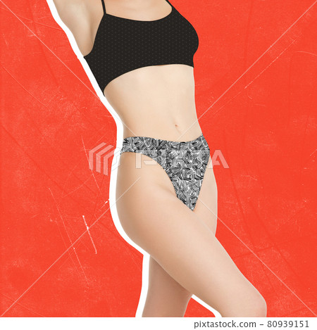 Beautiful bw female body in underwear over red background. Beauty fitness concept Beautiful bw female body in underwear over red background. Beauty fitness concept 80939151