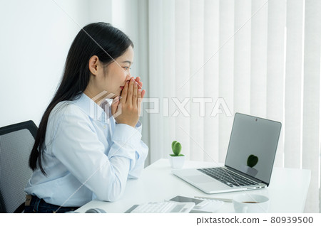 Young Asian businesswoman virtual video conference meeting concept work at home due to social distancing Young Asian businesswoman virtual video conference meeting concept work at home due to social distancing 80939500