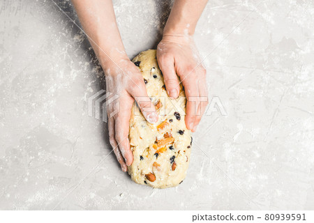 Dough for stolle with dried fruits and candied fruits. Dough for stolle with dried fruits and candied fruits. 80939591
