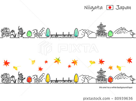 Simple line drawing set of cityscape of sightseeing spots in Niigata prefecture in autumn 80939636