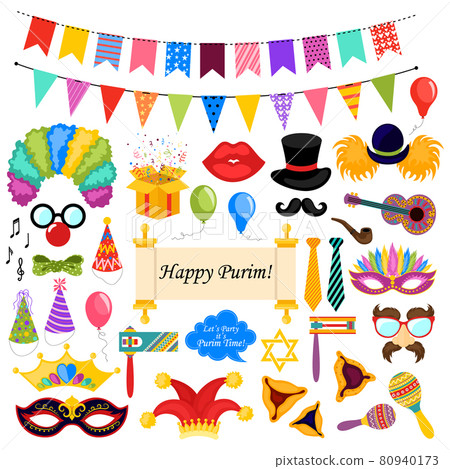 Happy Purim Jewish Holiday greeting card with traditional purim symbols, noisemaker, masque. Purim banner template design, Jewish holiday vector illustration 80940173