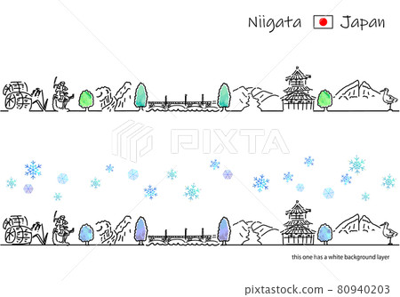 Simple line drawing set of cityscape of sightseeing spots in Niigata prefecture in winter 80940203