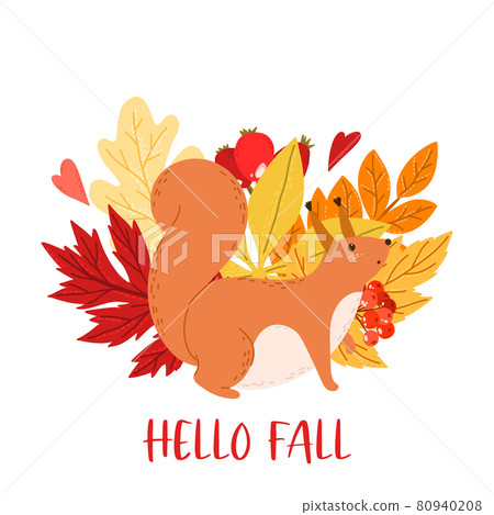 Premade design with squirrel and autumn leaves Premade design with squirrel and autumn leaves 80940208