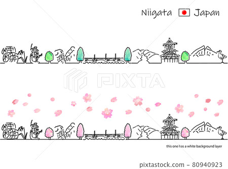 Simple line drawing set of cityscape of sightseeing spots in Niigata prefecture in spring Simple line drawing set of cityscape of sightseeing spots in Niigata prefecture in spring 80940923