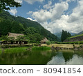 Old folk house with thatched roof on the pond 80941854
