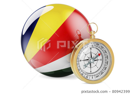 Compass with Seychelloise flag. Travel and tourism in Seychelles concept. 3D rendering Compass with Seychelloise flag. Travel and tourism in Seychelles concept. 3D rendering 80942399