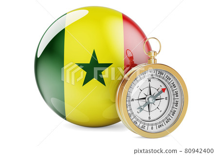 Compass with Senegalese flag. Travel and tourism in Senegal concept. 3D rendering Compass with Senegalese flag. Travel and tourism in Senegal concept. 3D rendering 80942400