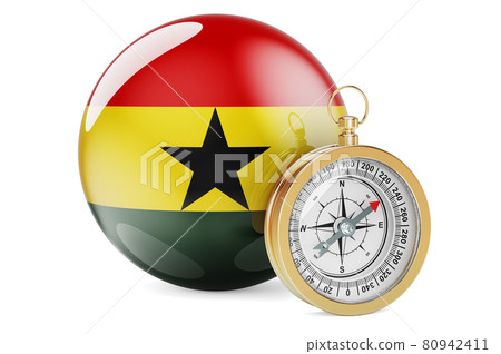 Compass with Ghanaian flag. Travel and tourism in Ghana concept. 3D rendering 80942411