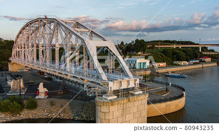 bridge museum . Span of the the historic railway bridge across the Amur river. Project by Lavr Proskouriakov. Museum of the Amur bridge history. Khabarovsk, far East, Russia. 80943235
