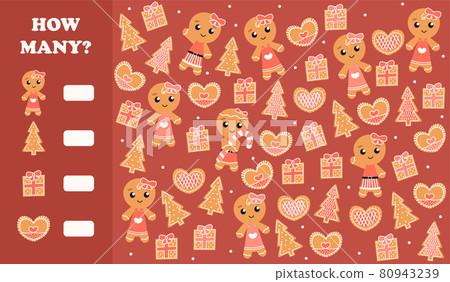 Counting game for kids with cute gingerbread characters and cookies, educational printable riddle for christmas Counting game for kids with cute gingerbread characters and cookies, educational printable riddle for christmas 80943239