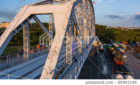 bridge museum . Span of the the historic railway bridge across the Amur river. Project by Lavr Proskouriakov. Museum of the Amur bridge history. Khabarovsk, far East, Russia. 80943240