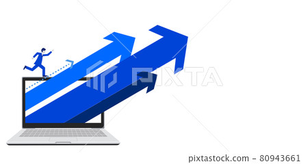 Illustration of a running man with an arrow coming out of a computer, copy space, vector 80943661
