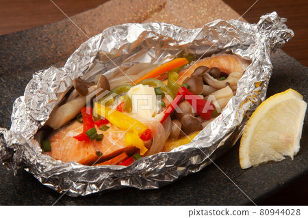 Grilled salmon with foil Grilled salmon with foil 80944028