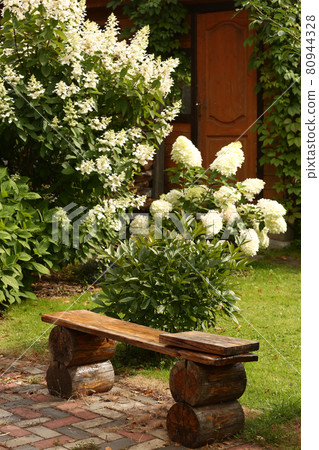 beautiful European garden with log wooden bench tile and white hydrangea beautiful European garden with log wooden bench tile and white hydrangea 80944328