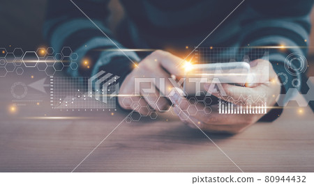 Human using mobile phone technology for digital marketing of statistics level up of graph. business management  goal strategy and action plan. Global customer network connection  on virtual interface. 80944432