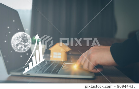 Business Finance concept. Human using laptop technology for digital marketing of statistics growth up of graph with working home loan mortgage to summary expense payment. Management goal strategy. Business Finance concept. Human using laptop technology for digital marketing of statistics growth up of graph with working home loan mortgage to summary expense payment. Management goal strategy. 80944433