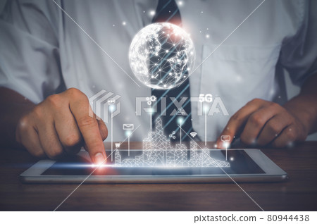 Businessman using tablet technology of global network connection of world. Management goal strategy. hologram modern virtual screen interface. Business Finance concept. Business intelligent (BI). Businessman using tablet technology of global network connection of world. Management goal strategy. hologram modern virtual screen interface. Business Finance concept. Business intelligent (BI). 80944438