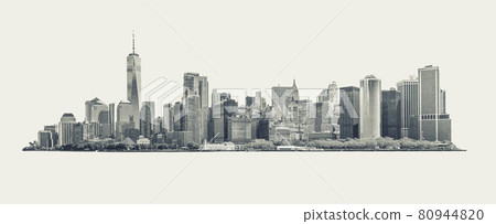 Skyline panorama of downtown Financial District and the Lower Manhattan in New York City, USA. black and white isolated on background Skyline panorama of downtown Financial District and the Lower Manhattan in New York City, USA. black and white isolated on background 80944820