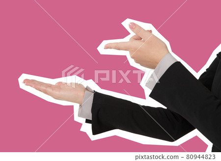 Female hand of business woman pointing at copyspace and another hand, isolated magazine style Female hand of business woman pointing at copyspace and another hand, isolated magazine style 80944823