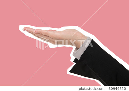 Hand of business woman holding copy space. Magazine style isolated on pink background 80944830