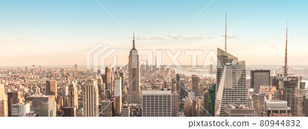 New York City Manhattan midtown aerial panorama view with skyscrapers and blue sky New York City Manhattan midtown aerial panorama view with skyscrapers and blue sky 80944832