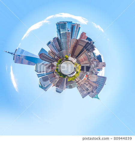 Skyline sphere panorama of downtown Financial District and the Lower Manhattan in New York City, USA. mini planet style Skyline sphere panorama of downtown Financial District and the Lower Manhattan in New York City, USA. mini planet style 80944839