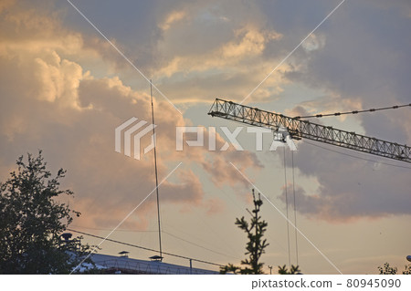 Evening landscape and full moon with a tower crane Evening landscape and full moon with a tower crane 80945090
