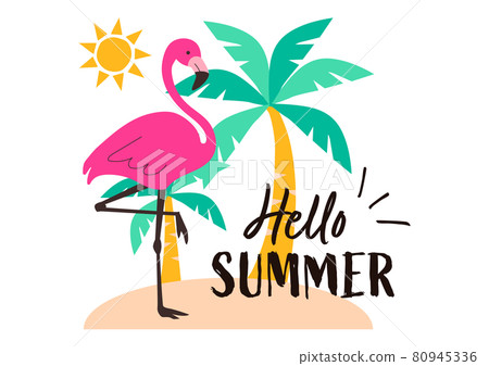 棕櫚樹和粉紅色火烈鳥的夏季圖像插圖 80945336