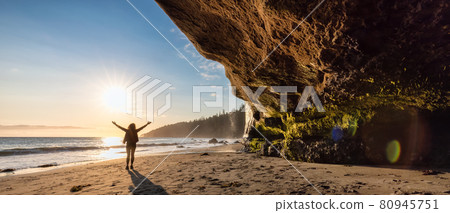 Adventurous Woman at Mystic Beach on the West Coast of Pacific Ocean 80945751