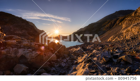 Panoramic View of Vibrant Colorful Glacier Lake up in Rocky Mountains 80945756