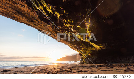Cave on Mystic Beach on the West Coast of Pacific Ocean. Cave on Mystic Beach on the West Coast of Pacific Ocean. 80945770