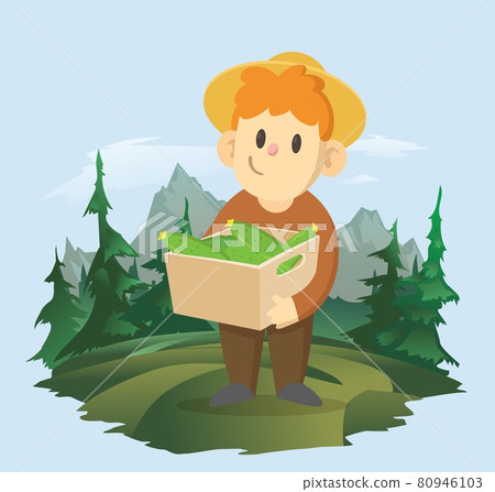 A boy holding a box of vegetables on the background of a mountain landscape. A farmer working in the field. Vector illustration. A boy holding a box of vegetables on the background of a mountain landscape. A farmer working in the field. Vector illustration. 80946103