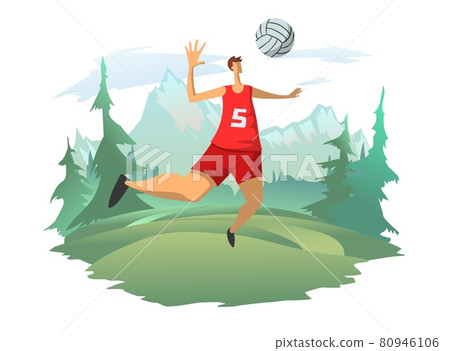 A man playing volleyball on the background of a mountain landscape. A volleyball player hits the ball. Outdoor activities, vector illustration. 80946106