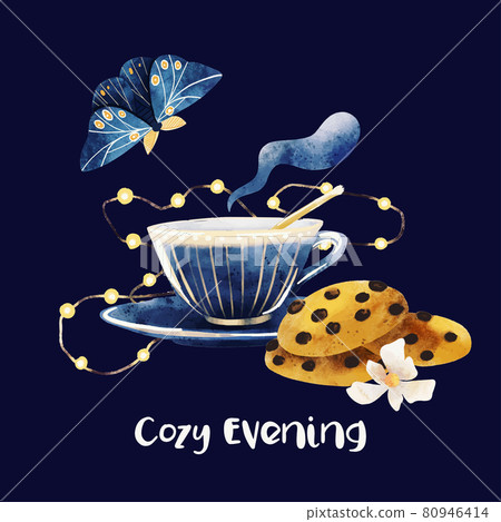 Cozy calm compositiona with tea cup, cookies and led lights 80946414