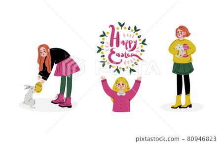 Joyful Girl Engaged in Egg Hunting Celebrating Easter Holiday Vector Set 80946823