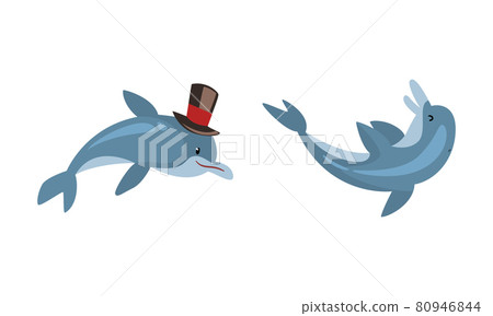 Blue Dolphin Character Floating in Top Hat Vector Set Blue Dolphin Character Floating in Top Hat Vector Set 80946844