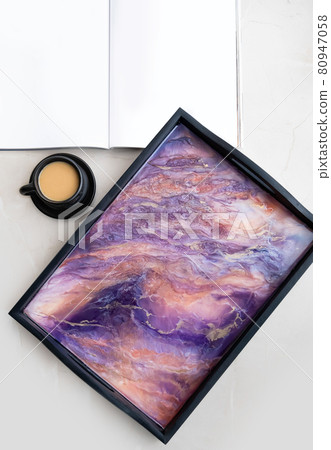 Handmade wood serving tray decorated with marble effect. Epoxy resin art decor. Natural colors like purple. gold, blue, violet. Background for DIY master class. Fluid art or acrylic decorative tray 80947058