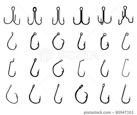 Black silhouettes of different fishing hooks on a white background 80947101