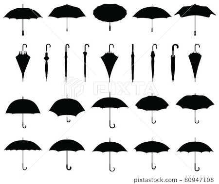 Black silhouettes of open and closed umbrellas on a white background 80947108